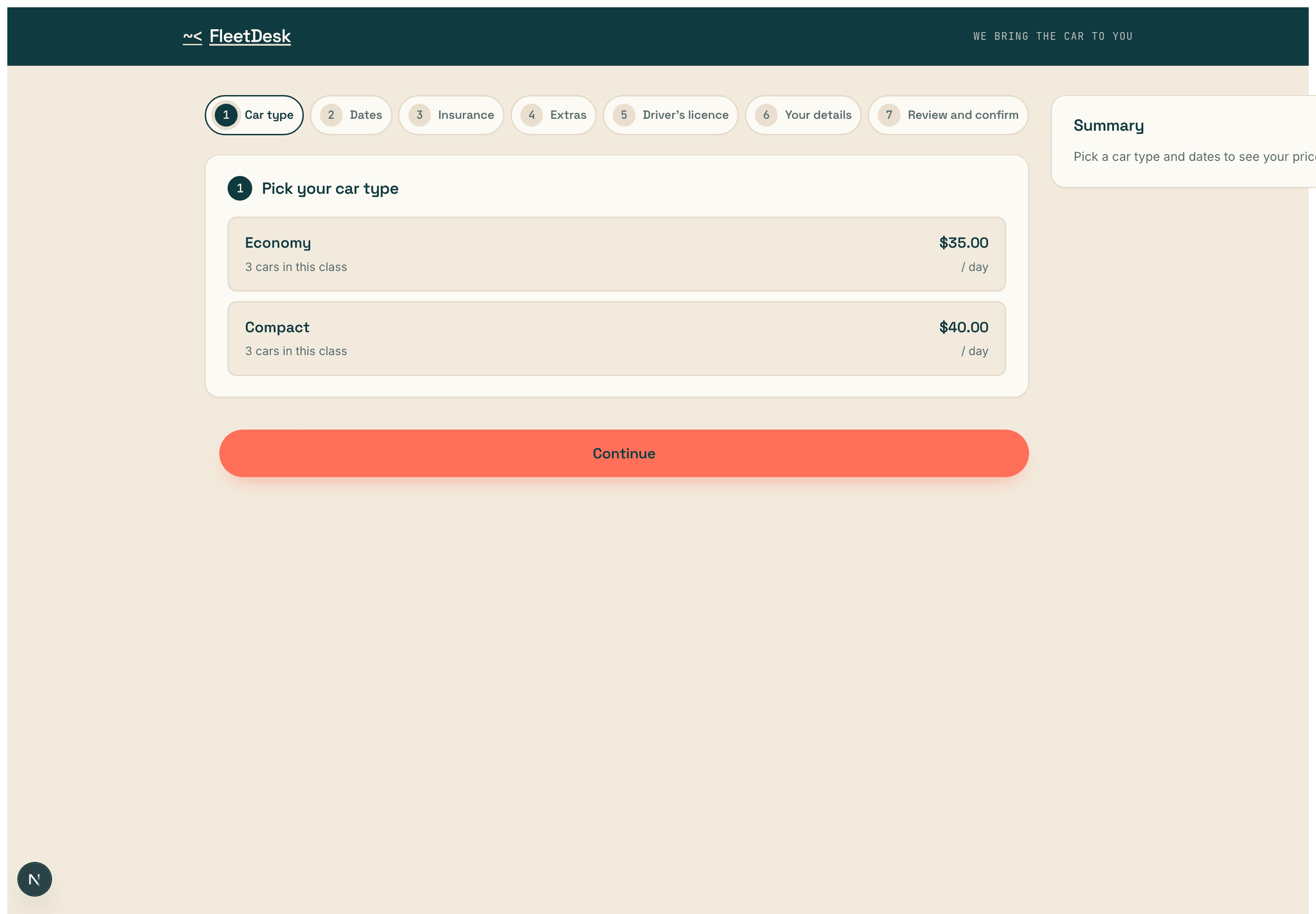 FleetDesk customer booking flow, picking a car class with live pricing