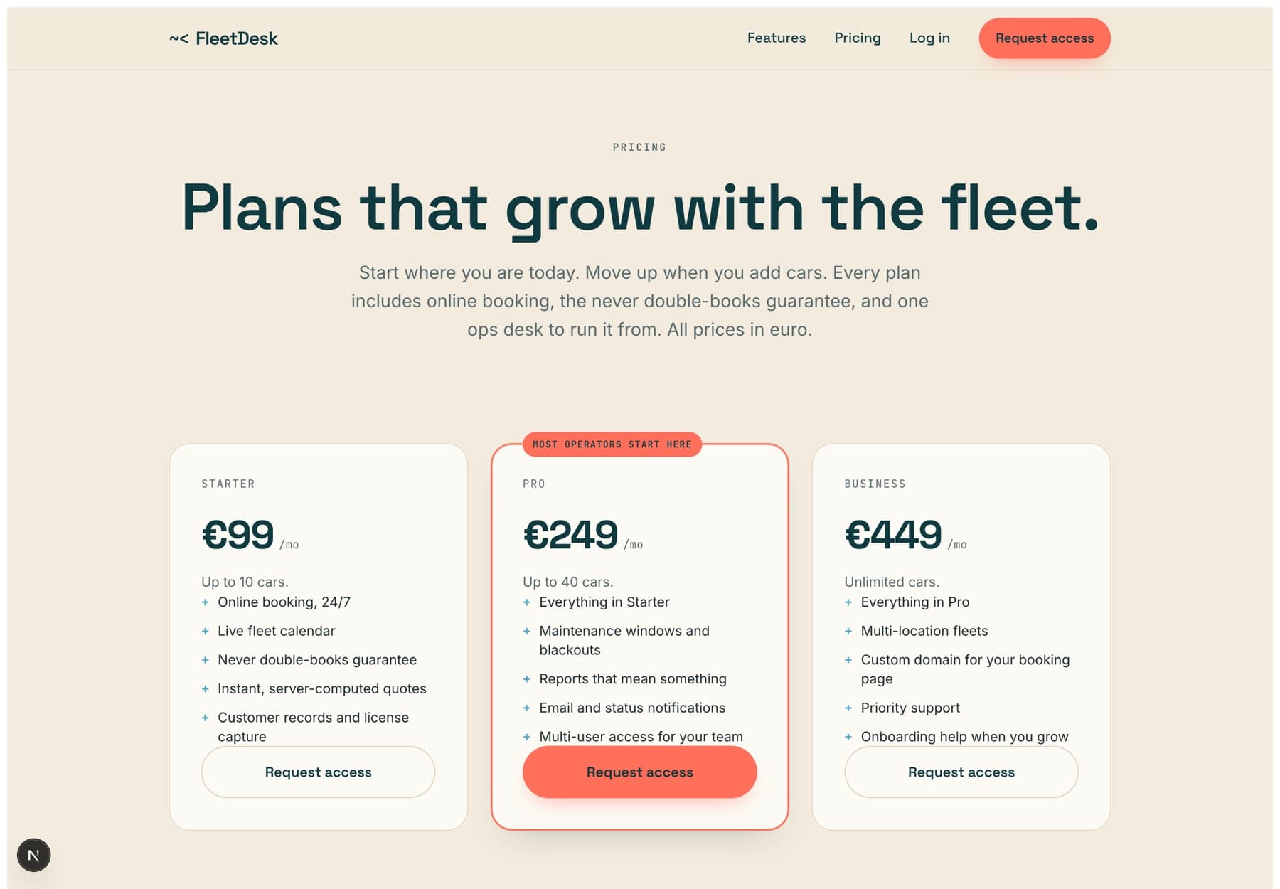 FleetDesk pricing page, plans laid out by fleet size