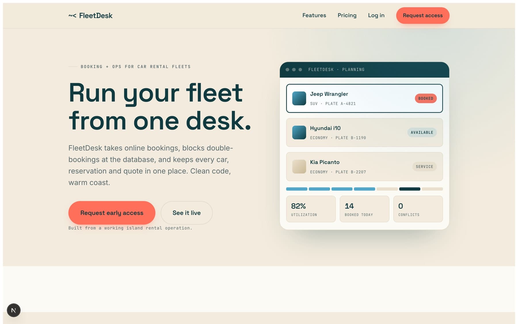 FleetDesk, our own booking and operations platform, showing a live fleet planning dashboard