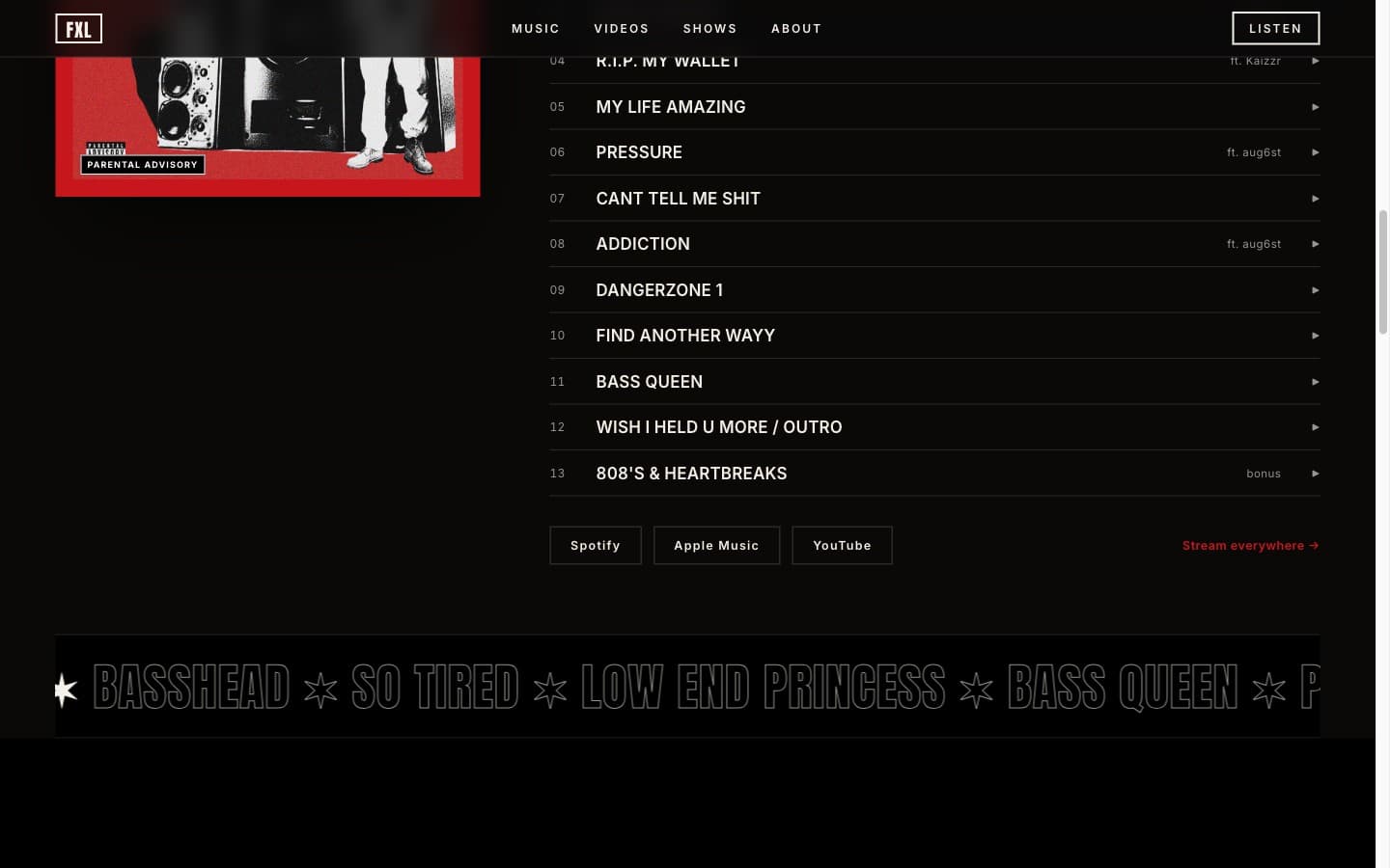 The tracklist section: numbered tracks with play buttons and links to Spotify, Apple Music and YouTube