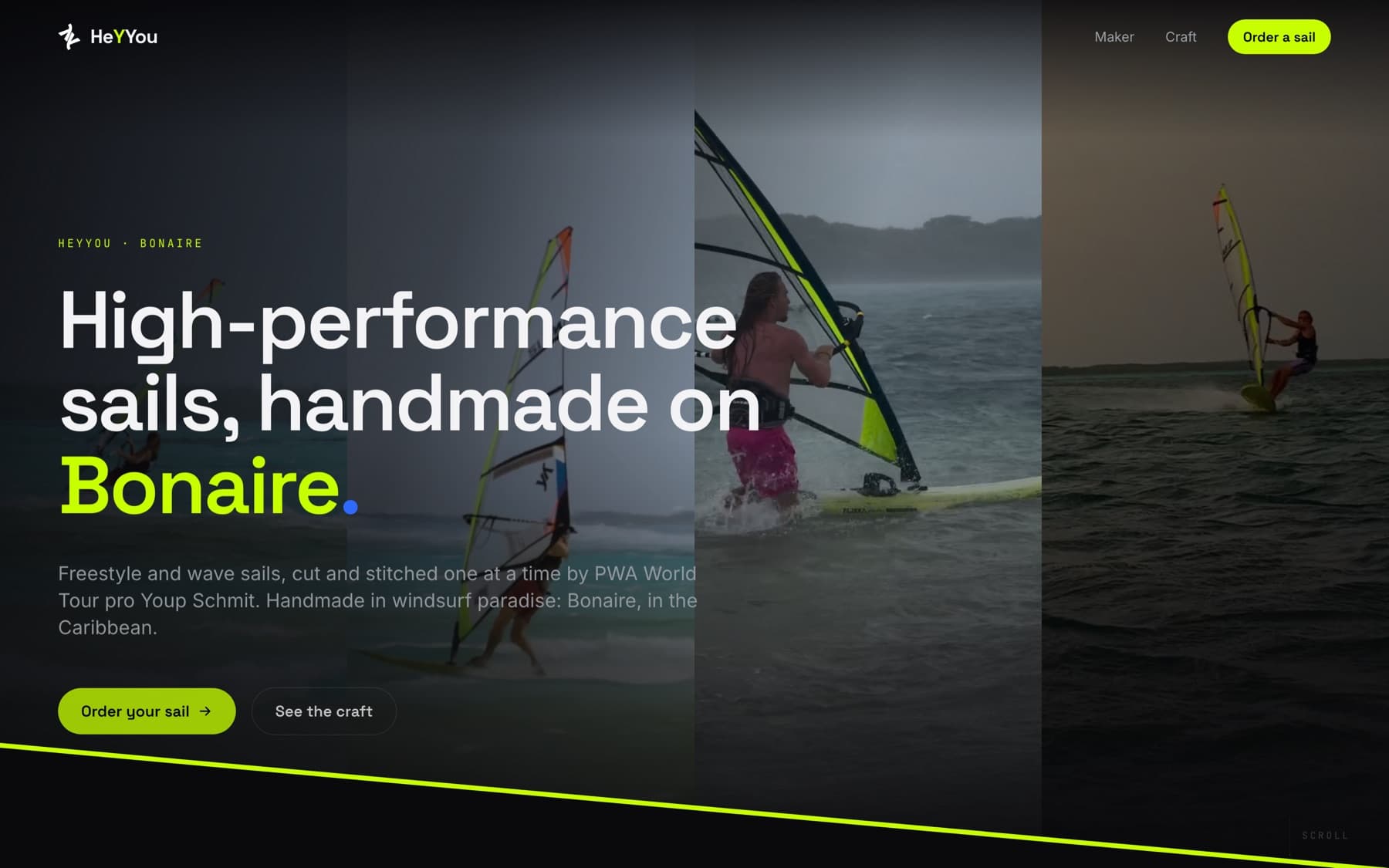 Homepage of the HeYYou Sails website, a windsurf-sail brand on Bonaire