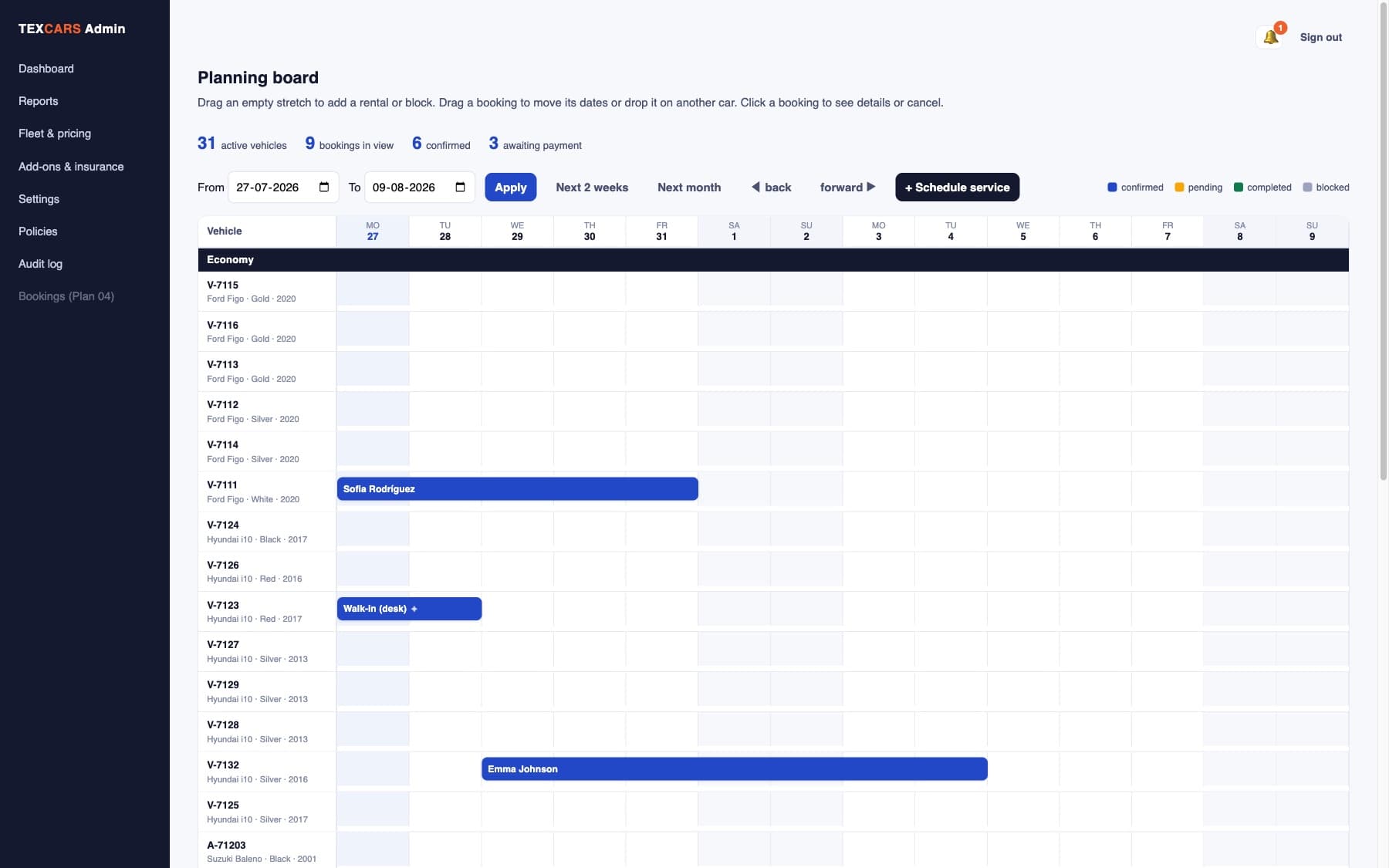 The Tex Cars admin planning board: every vehicle on one timeline, drag bookings between cars and dates, walk-ins next to online bookings.