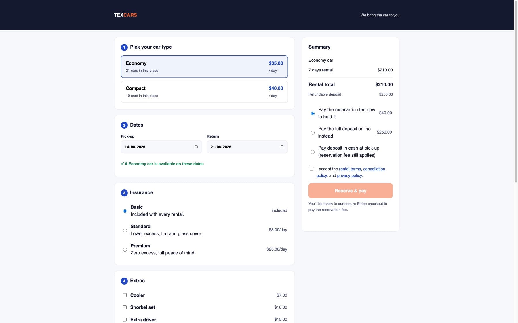 The Tex Cars booking page: pick a car class and dates, see the price and availability instantly, reserve and pay online.